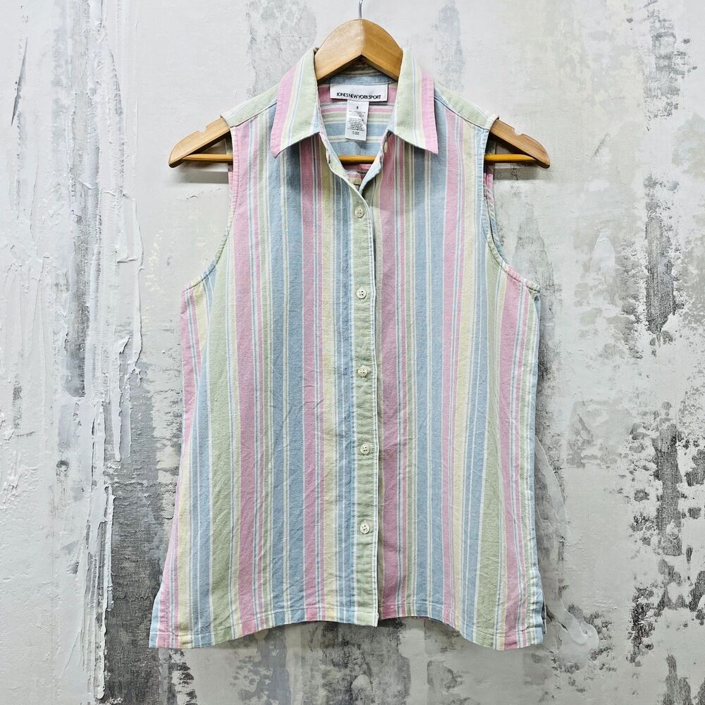 VTG Jones New York Pastel Striped Sleeveless Button Down Linen Top Sz 6 Small